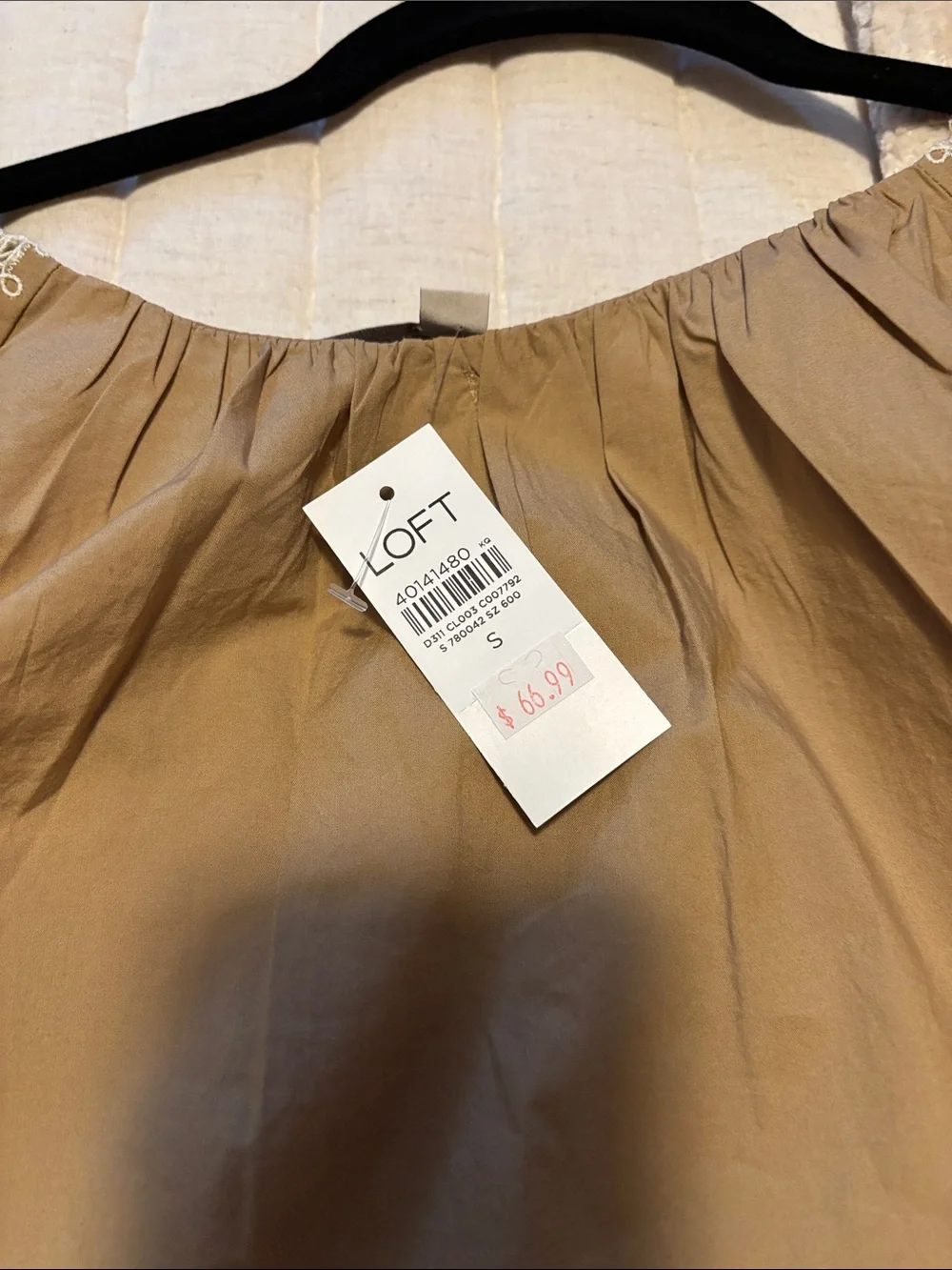 LOFT Tan Puff Sleeve Embroidered Blouse